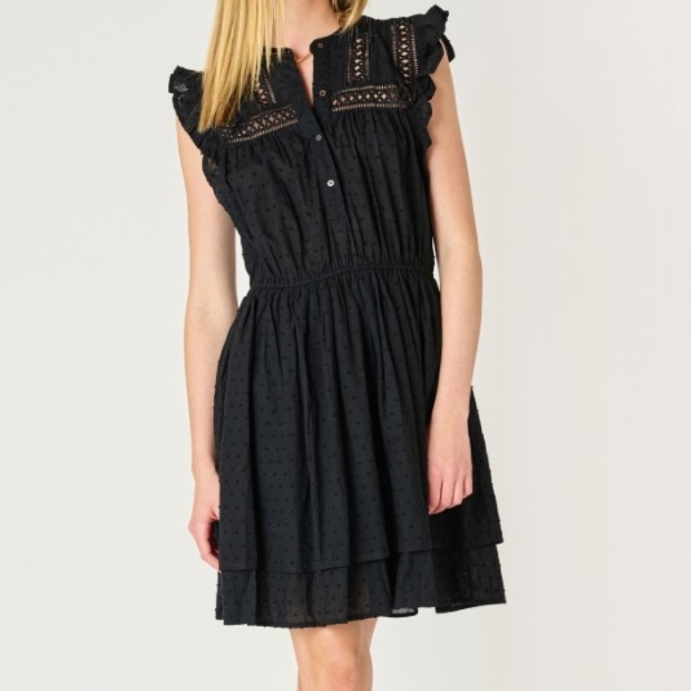 Dex Clothing Swiss Dot Black Mini Dress with Crochet Yoke and Ruffle Sleeves
